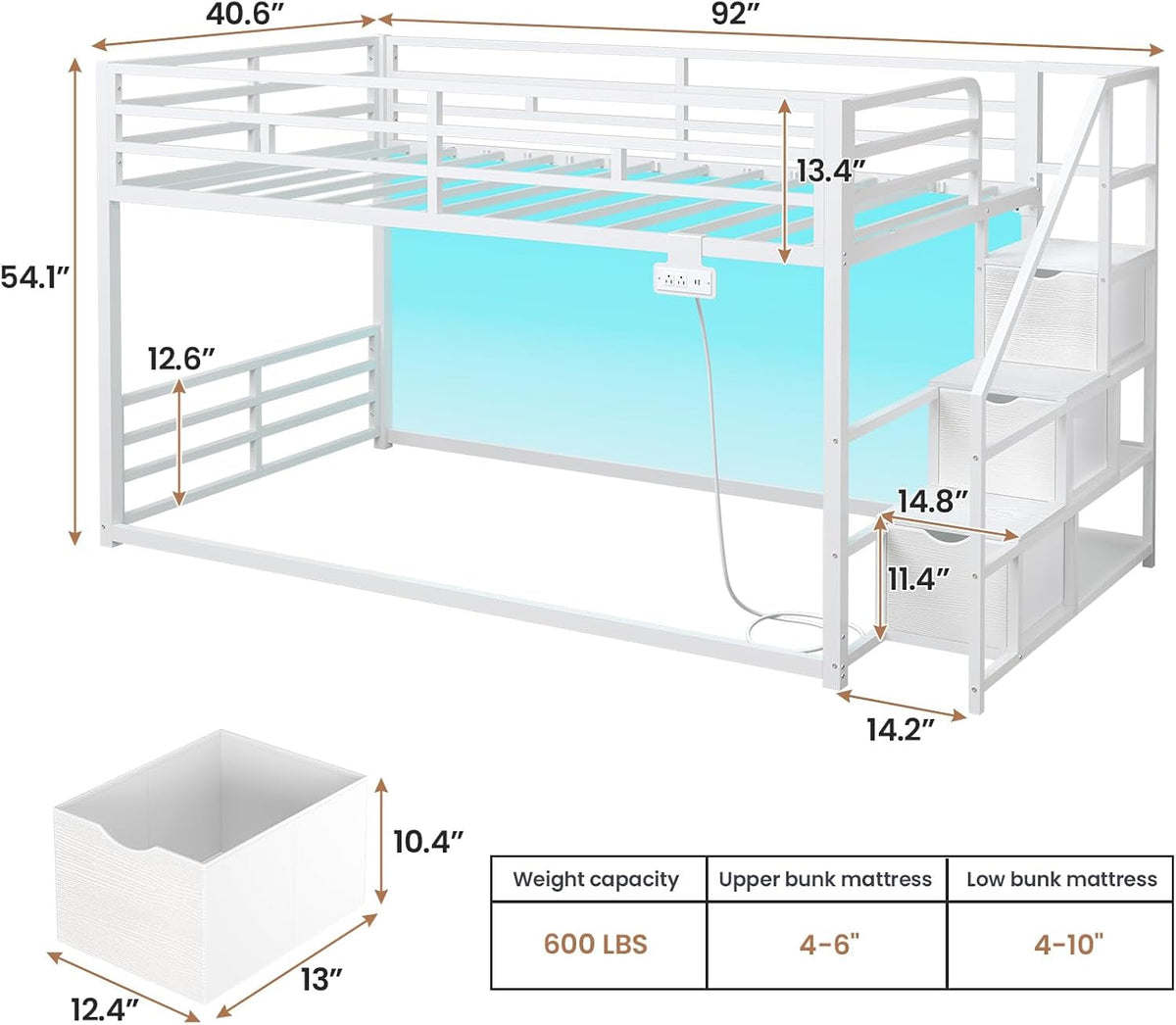 White Twin Over Twin Bunk Bed Integrated Storage Drawers