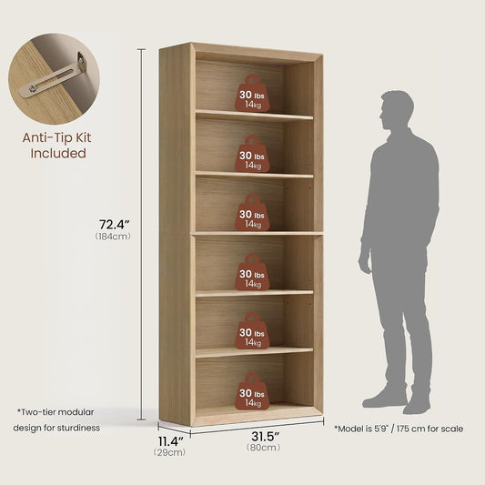 72 Inch Natural Wood Adjustable Freestanding Bookcase