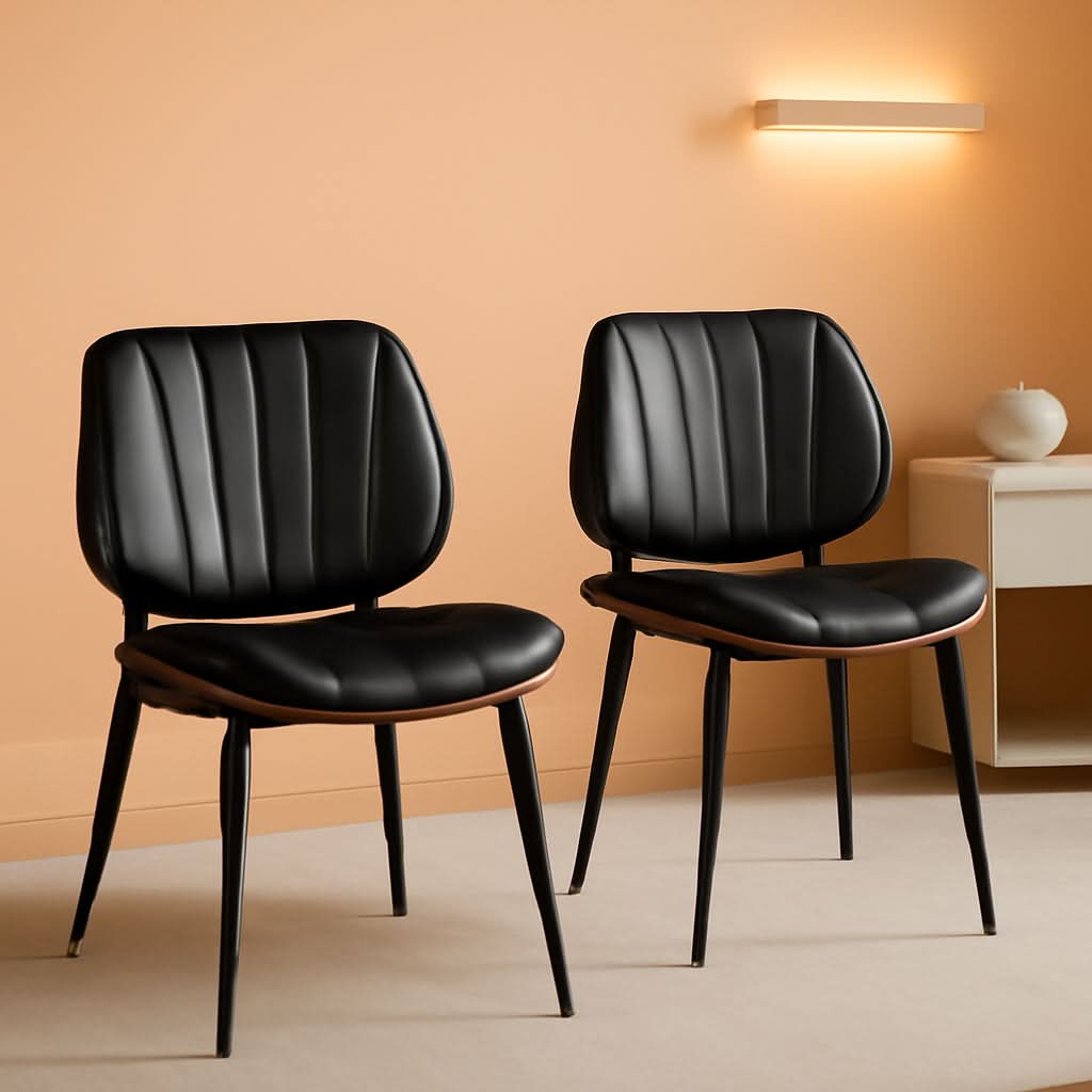 2 Black Faux Leather Mid Century Modern Dining Chairs