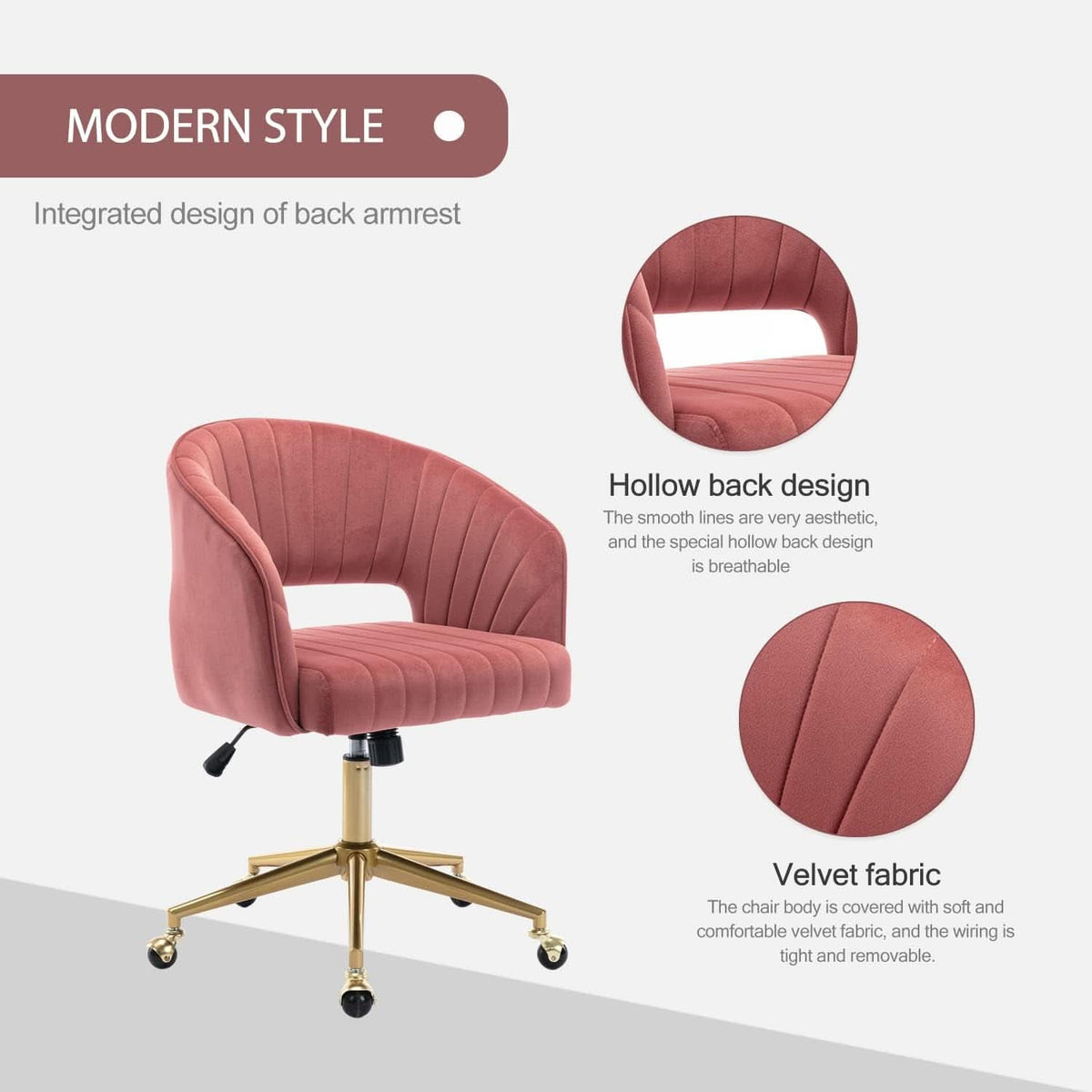 Rose Velvet Office Desk Chair With Ergonomic Design And Swivel Wheels