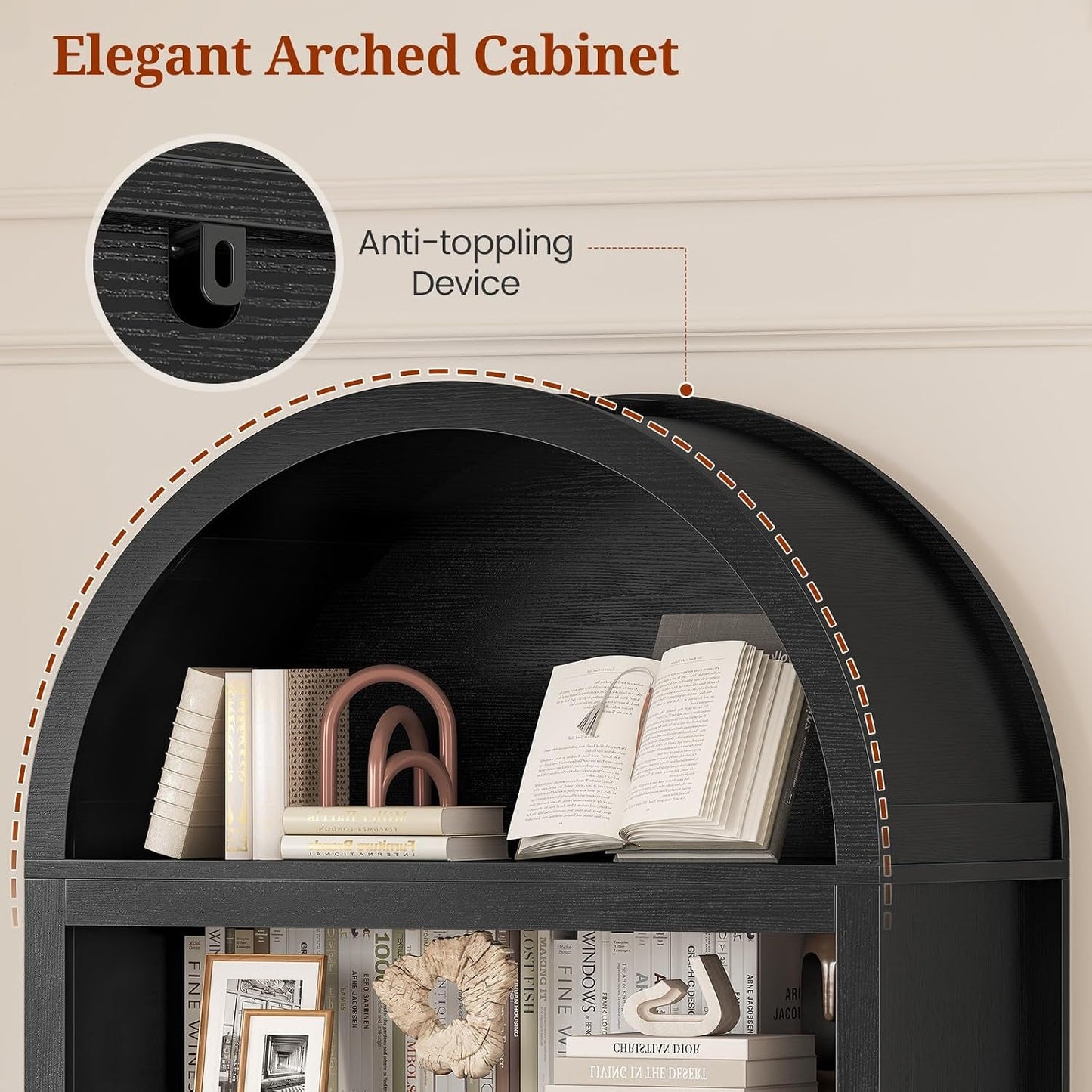 Modern Arched Black Bookcase With Adjustable Shelves
