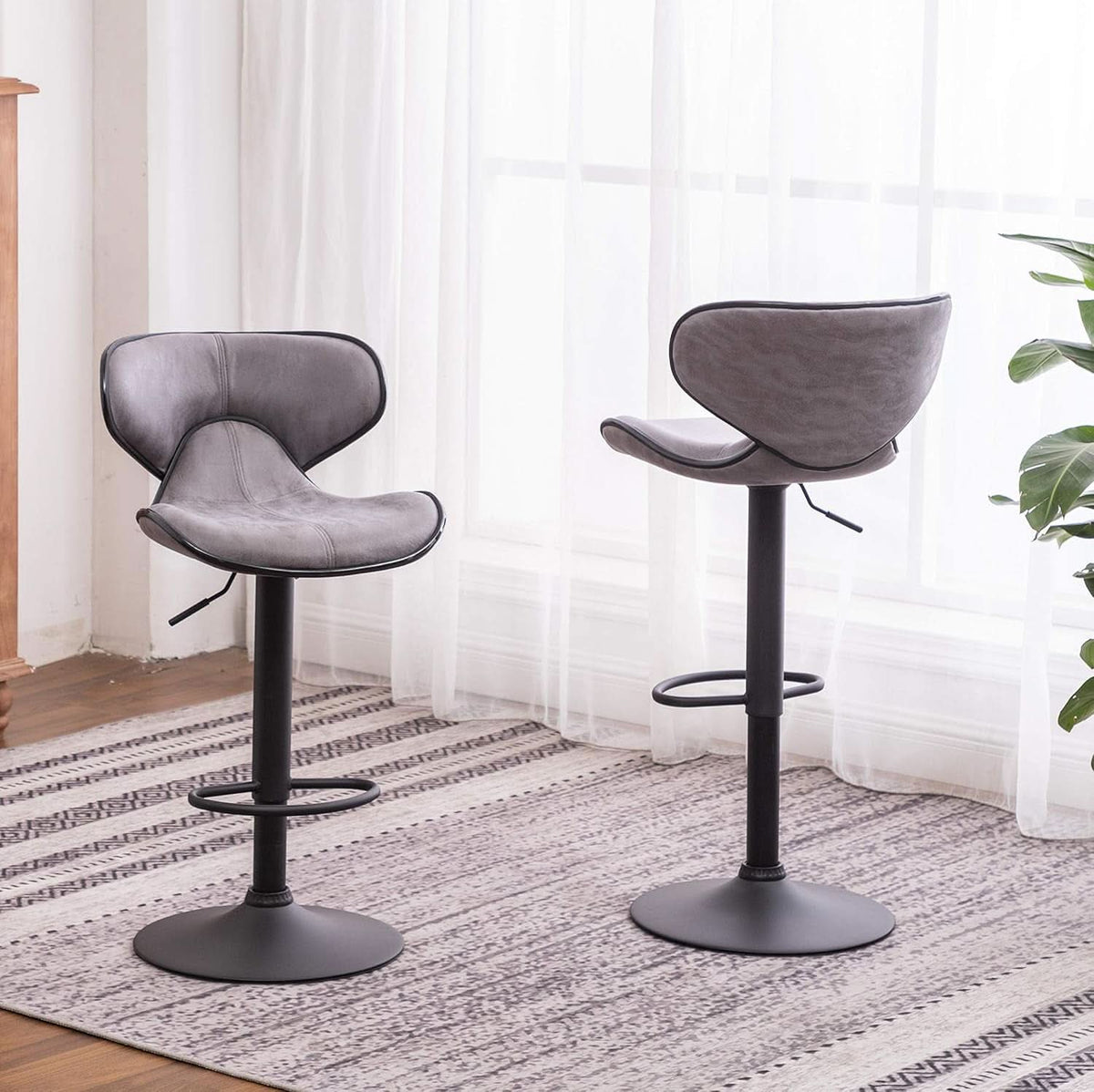 Weathered Gray Upholstery Adjustable Swivel Barstools Set