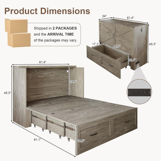 Grey Queen Murphy Cabinet Bed With Generous Storage