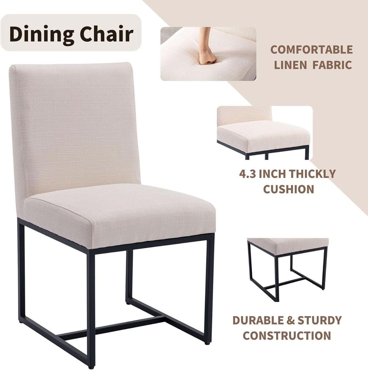 Cream Linen Upholstered Dining Chairs Midcentury Modern-3