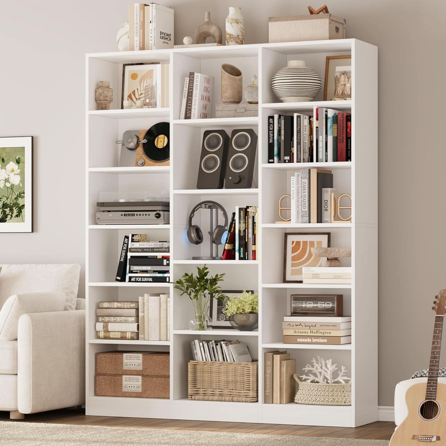 Triple Wide White Bookshelf 6 Tier 74 Inch Tall Unit-4