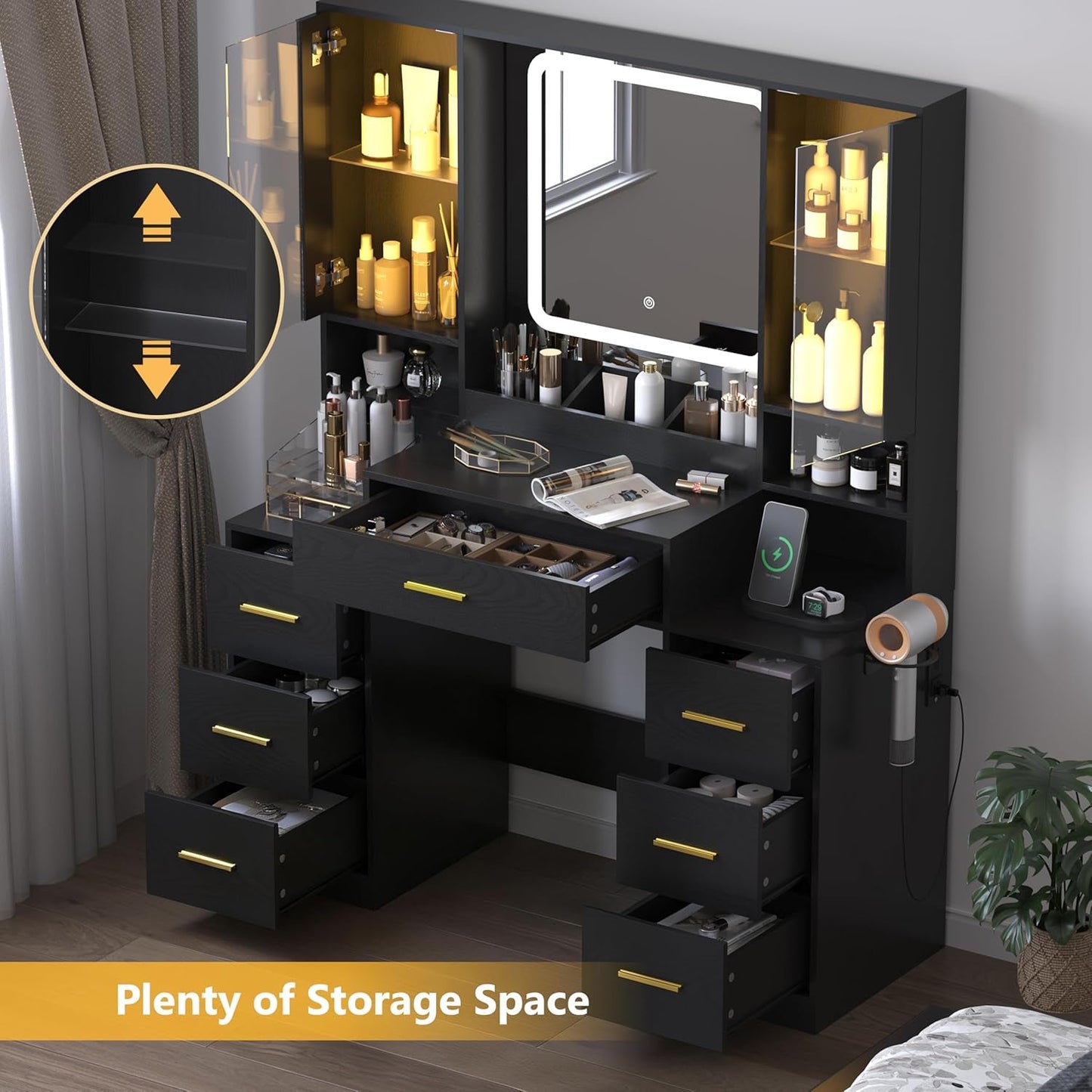Black Makeup Vanity Tabletop With Illuminated Mirror