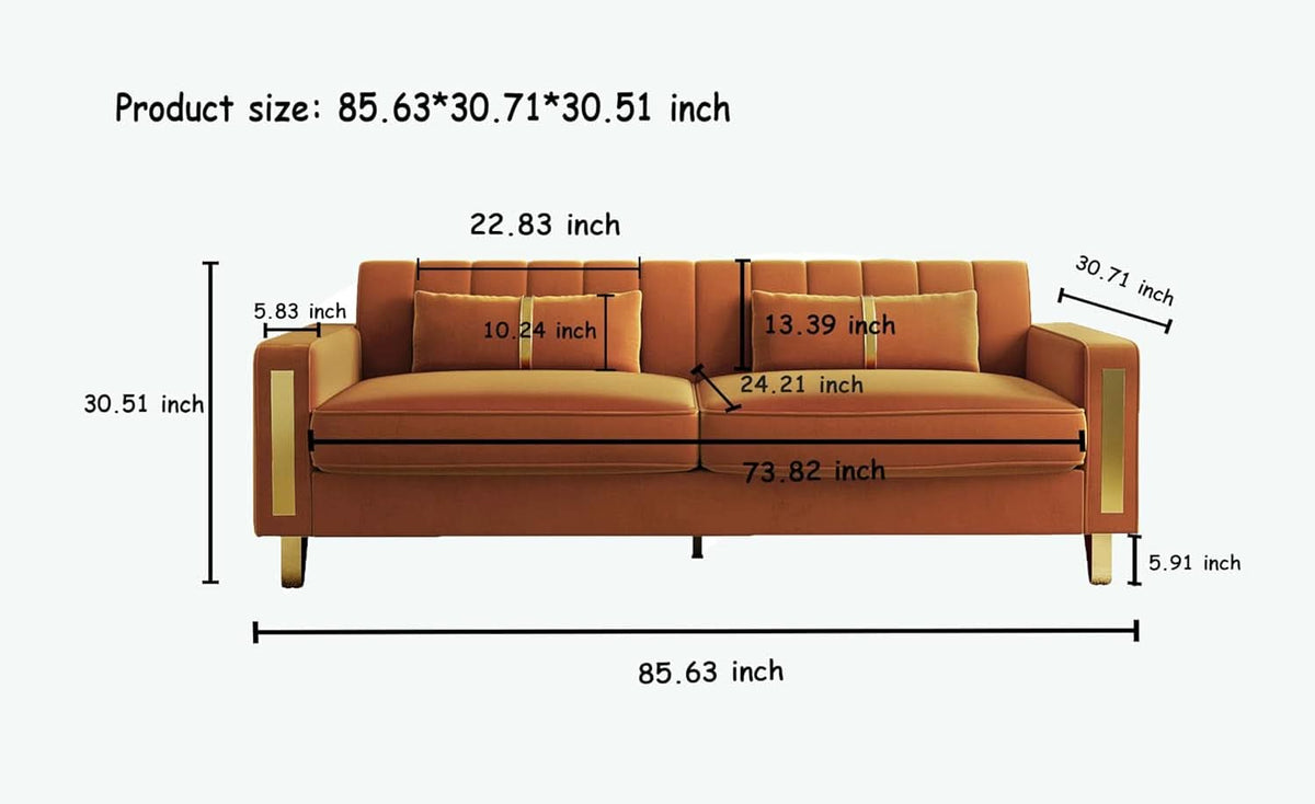 2 Piece Orange Velvet Loveseat Couch Set With Gold Metal Legs 86 Inch Living Room Sofa With 4 Pillows-1