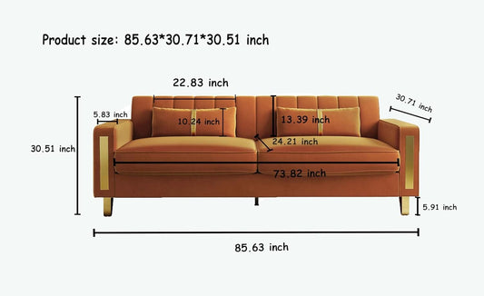 2 Piece Orange Velvet Loveseat Couch Set With Gold Metal Legs 86 Inch Living Room Sofa With 4 Pillows-1