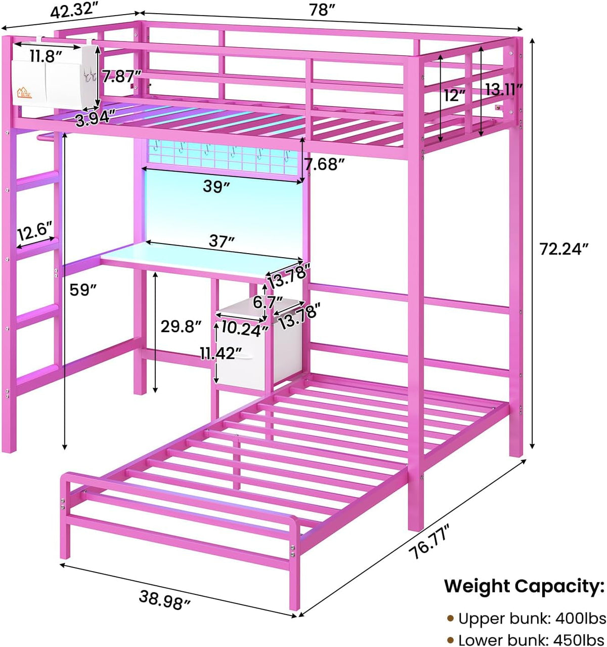 Twin Over Twin Bunk Bed With Desk USB Charging Storage