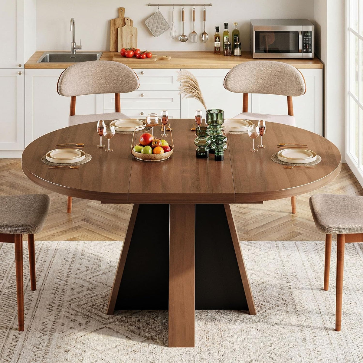 Extendable Round Dining Table Walnut Brown Finish