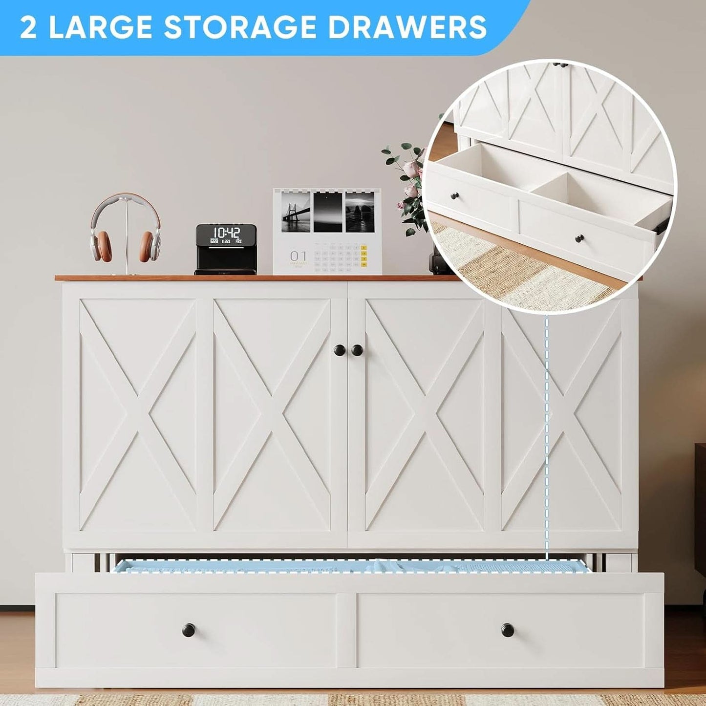 White Contemporary Murphy Bed With USB Double Drawers-4