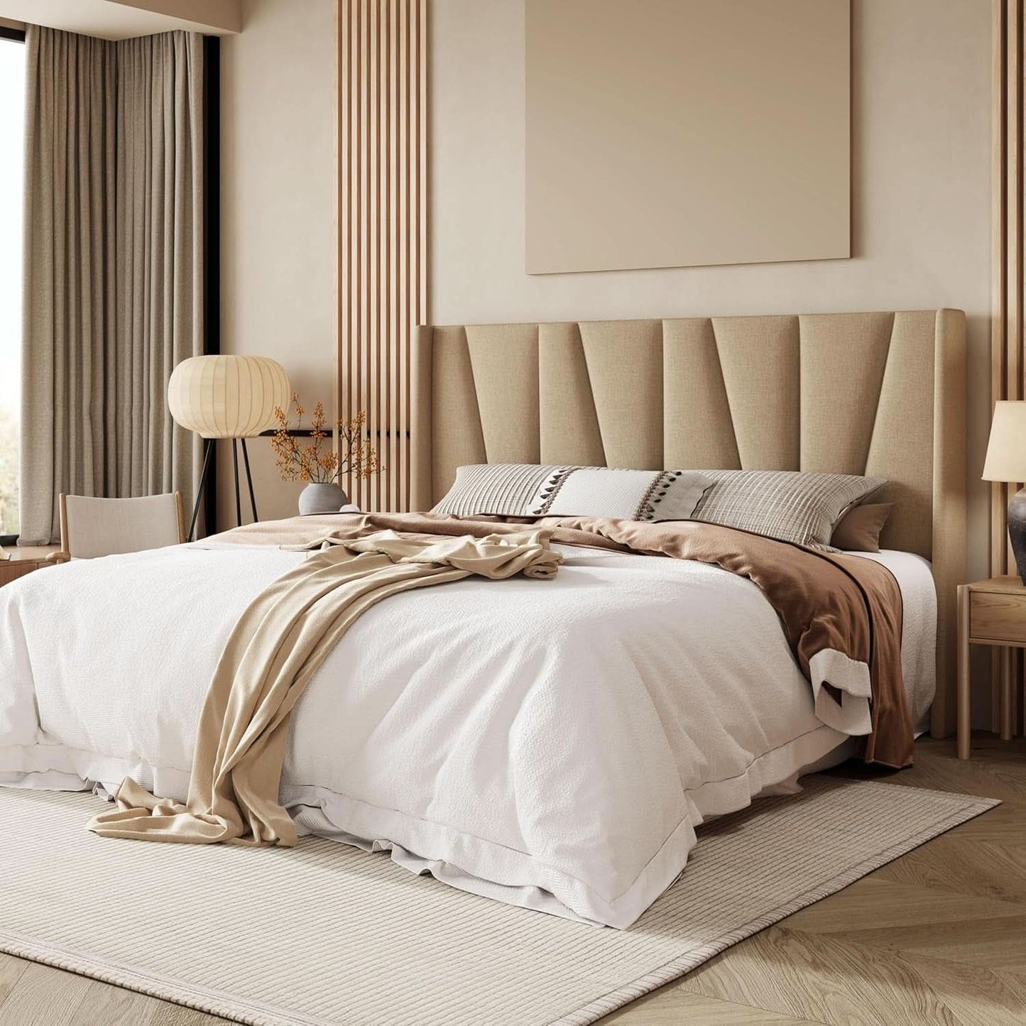 King Size Upholstered Bed Frame Beige Geometric Headboard