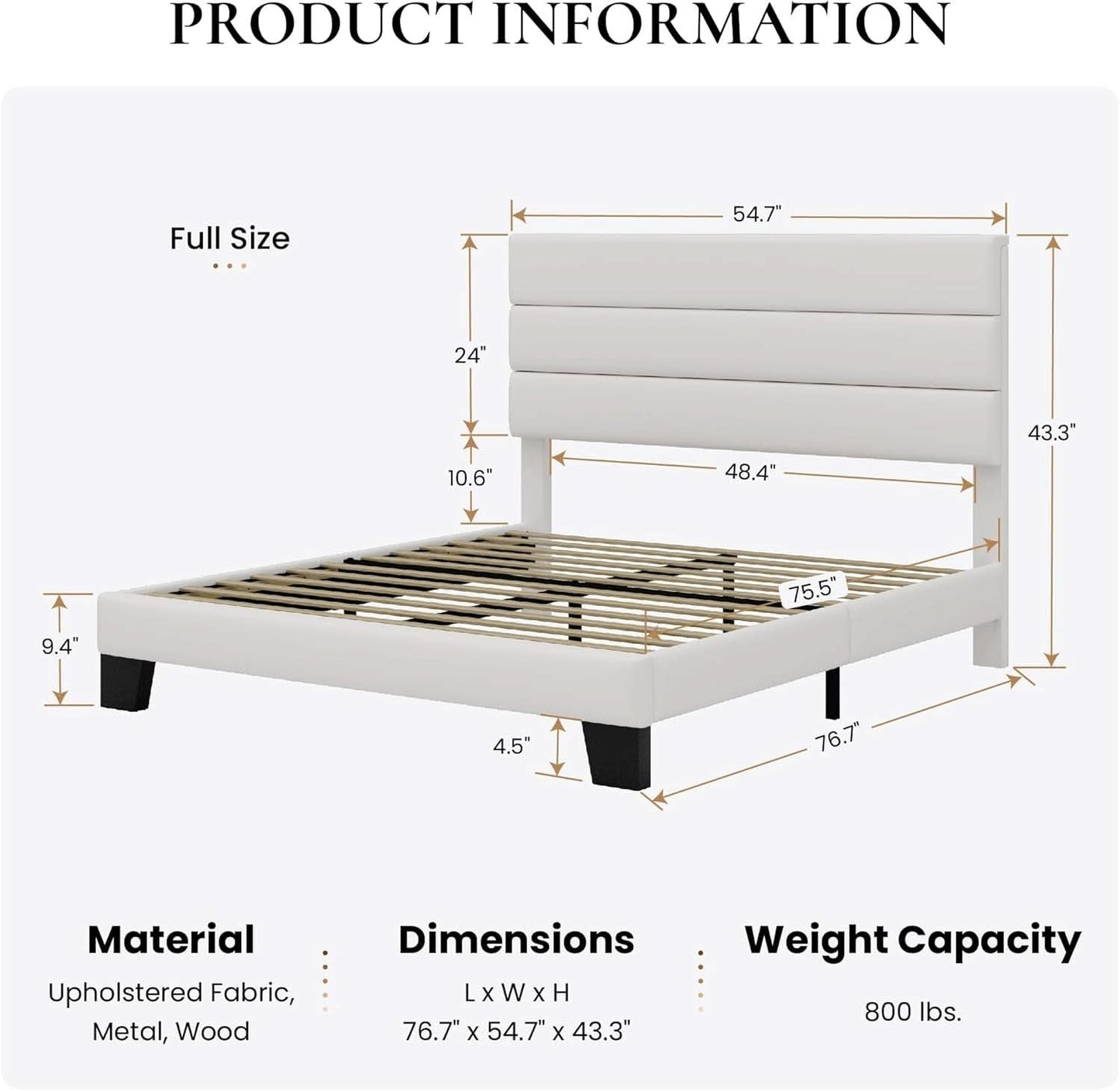 Full Platform Bed Frame Velvet Upholstered Headboard