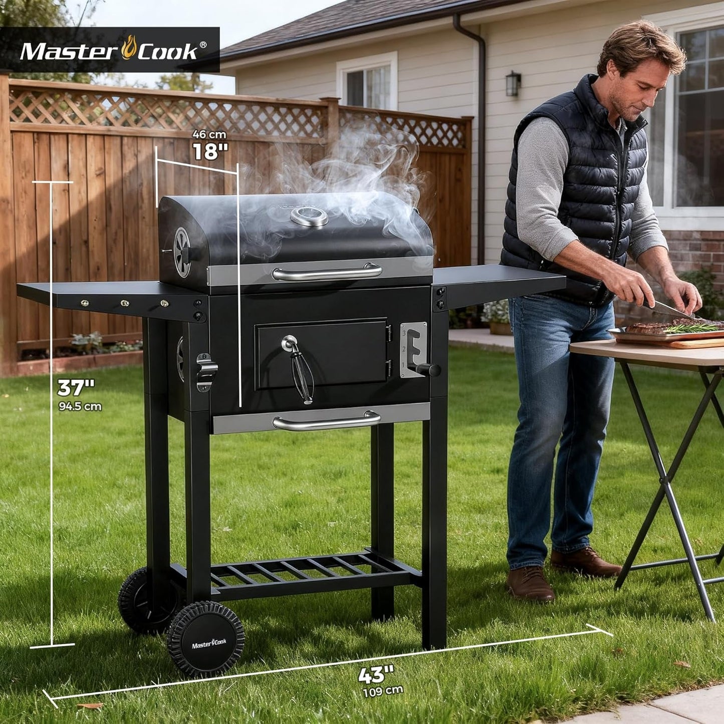 Charcoal Grill With Weatherproof Foldable Side Tables