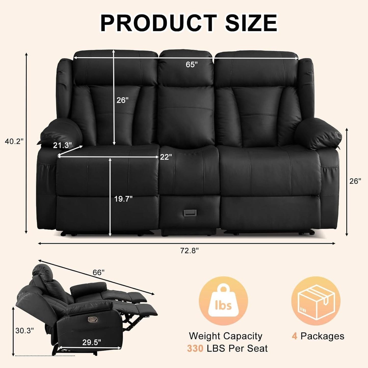 Black Manual Reclining Loveseat With Console Controls