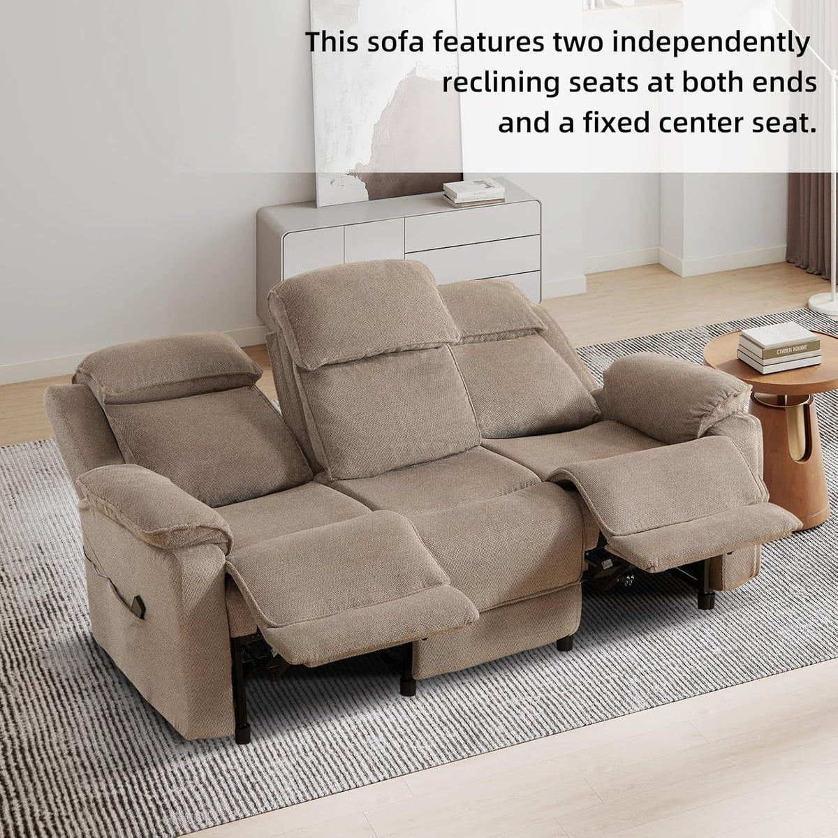 Power Reclining Khaki Sofa For Modern Living Room Spaces