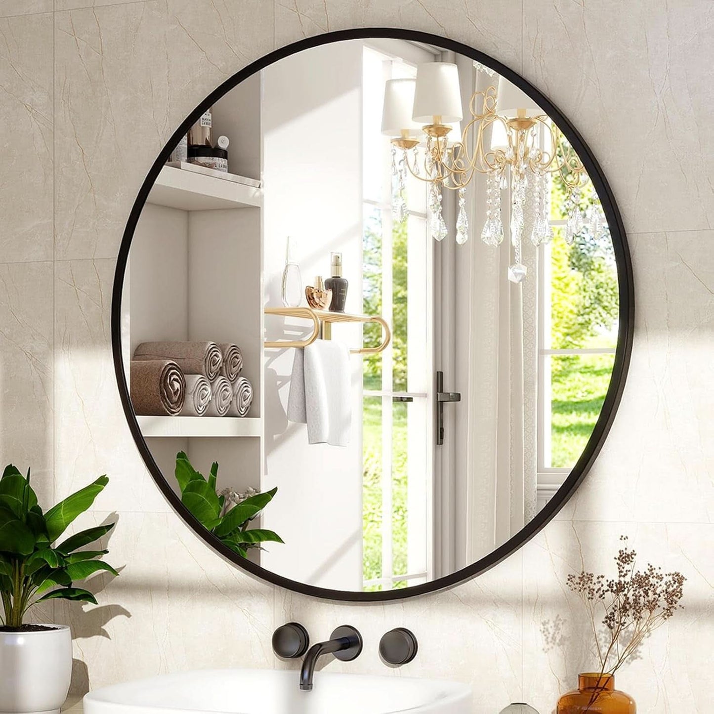 24 Inch Matte Black Round Wall Mirror For Bathroom Vanity And Living Room Decor-2