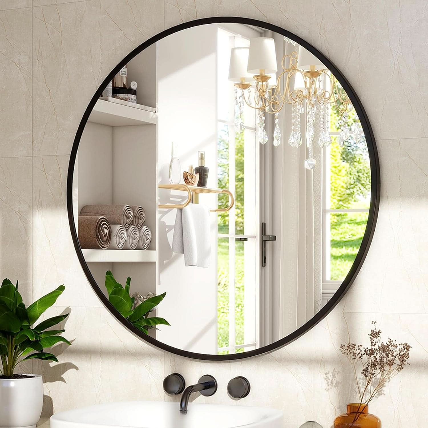 24 Inch Matte Black Round Wall Mirror For Bathroom Vanity And Living Room Decor-2