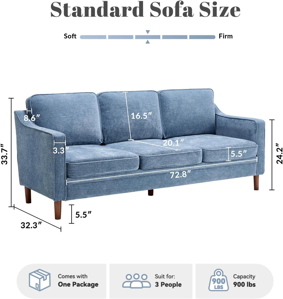 80 Inches Brilliant SkyBlue Chenille Sofa Reinforced-1