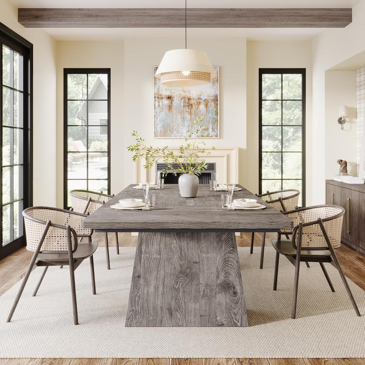 Grey Double Pedestal Rectangular Dining Table Wooden