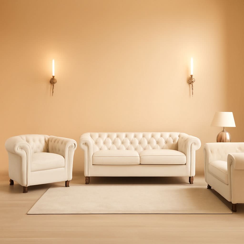 Three Piece Velvet Chesterfield Living Room Sofa Set Beige With Club Chair And Loveseat-0