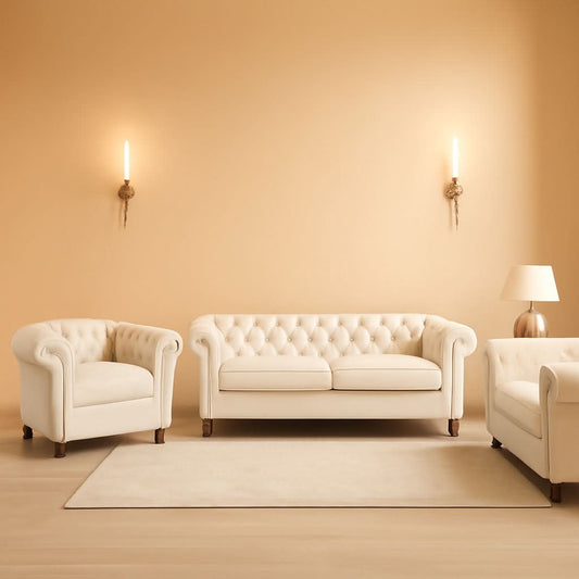 Three Piece Velvet Chesterfield Living Room Sofa Set Beige With Club Chair And Loveseat-0