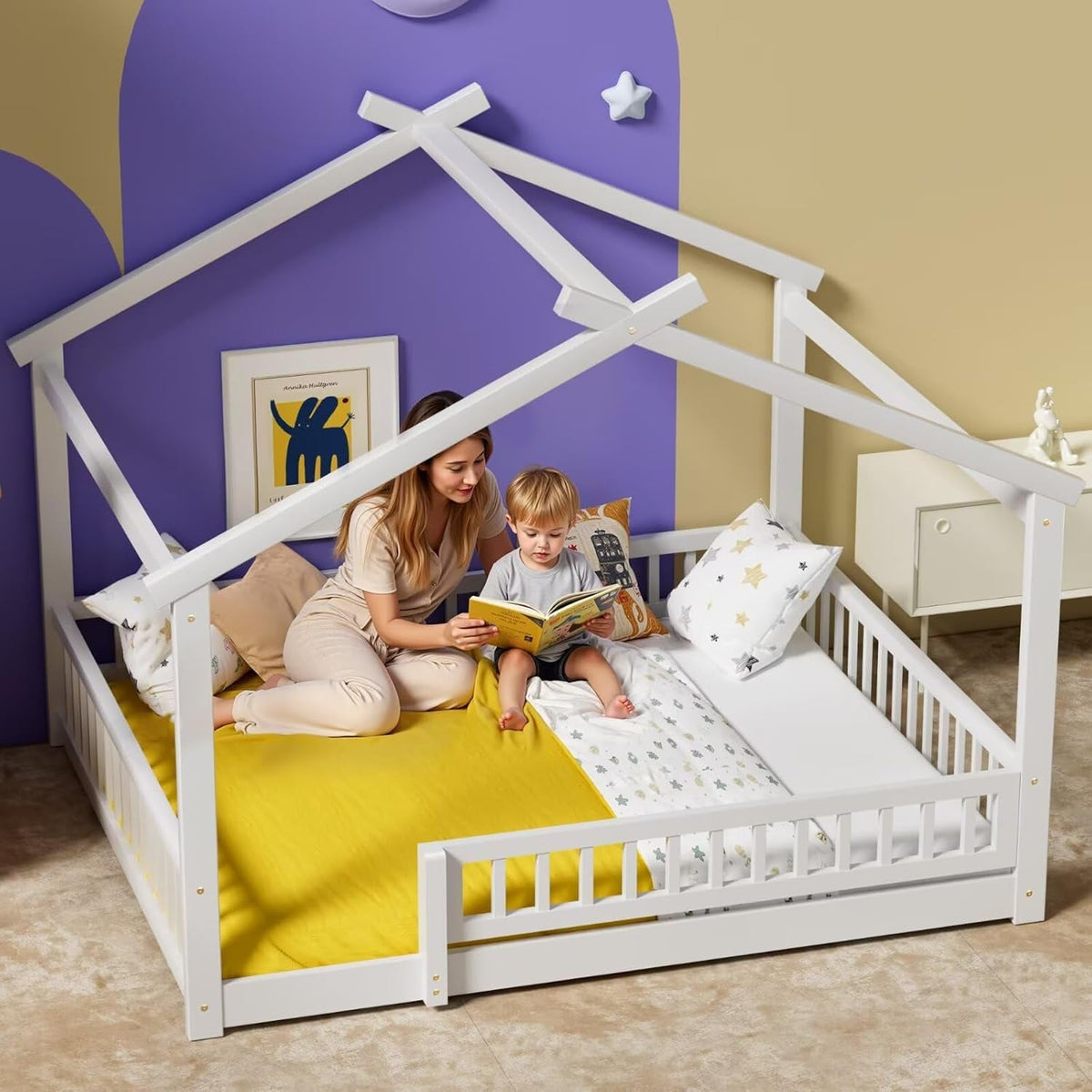 Queen House Floor Bed White Montessori Playhouse Fence