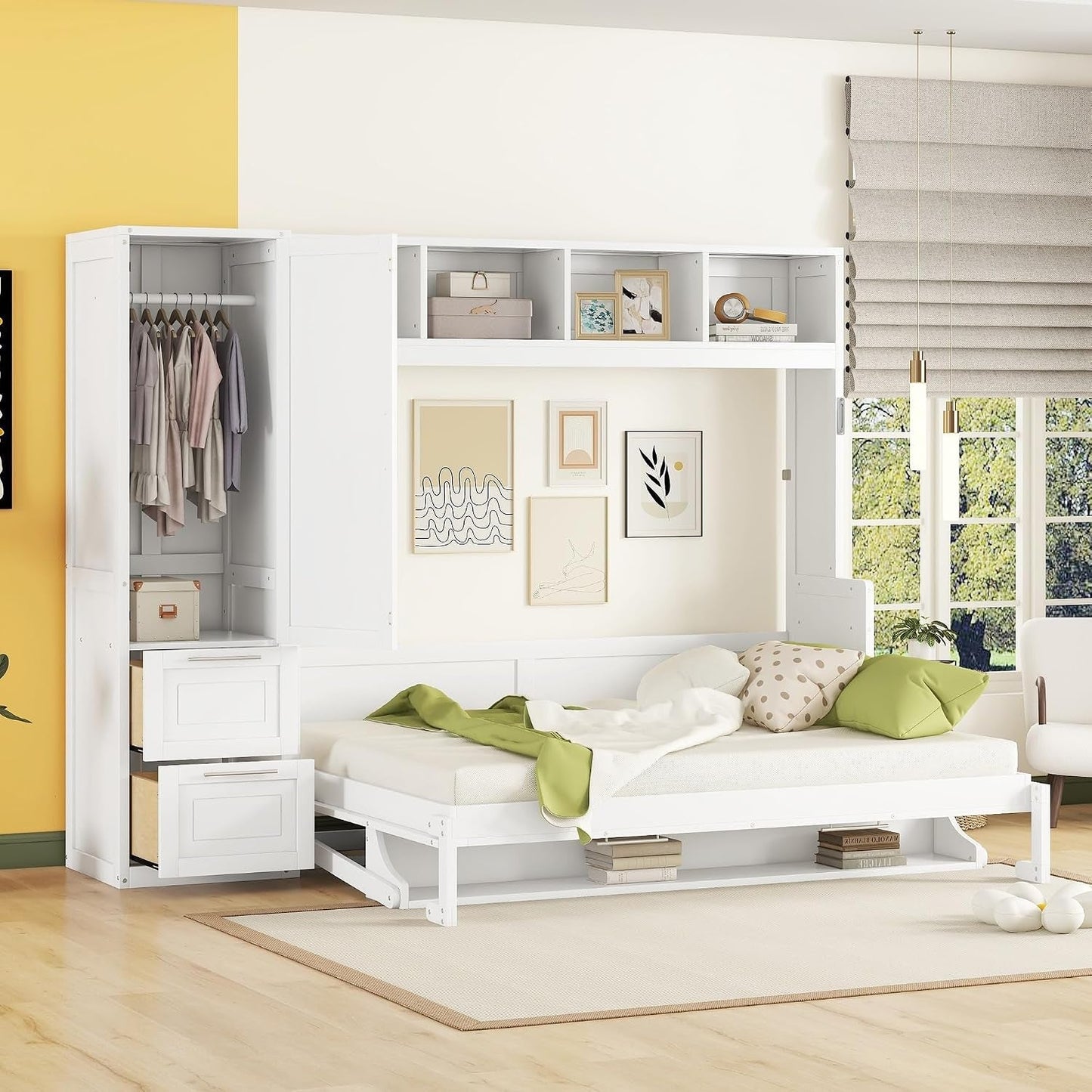 Queen Murphy Wall Bed With Integrated Closet Drawers
