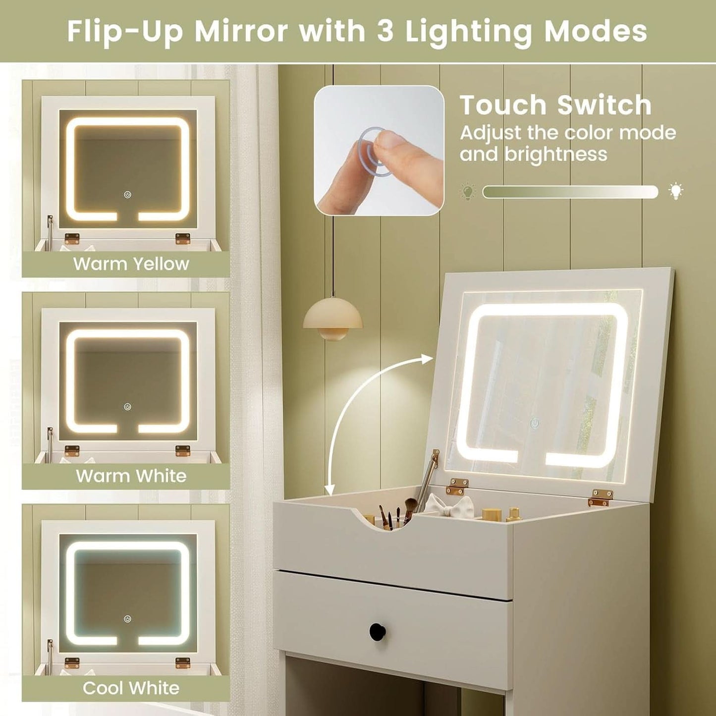 Small White Vanity Desk Illuminated Mirror Storage