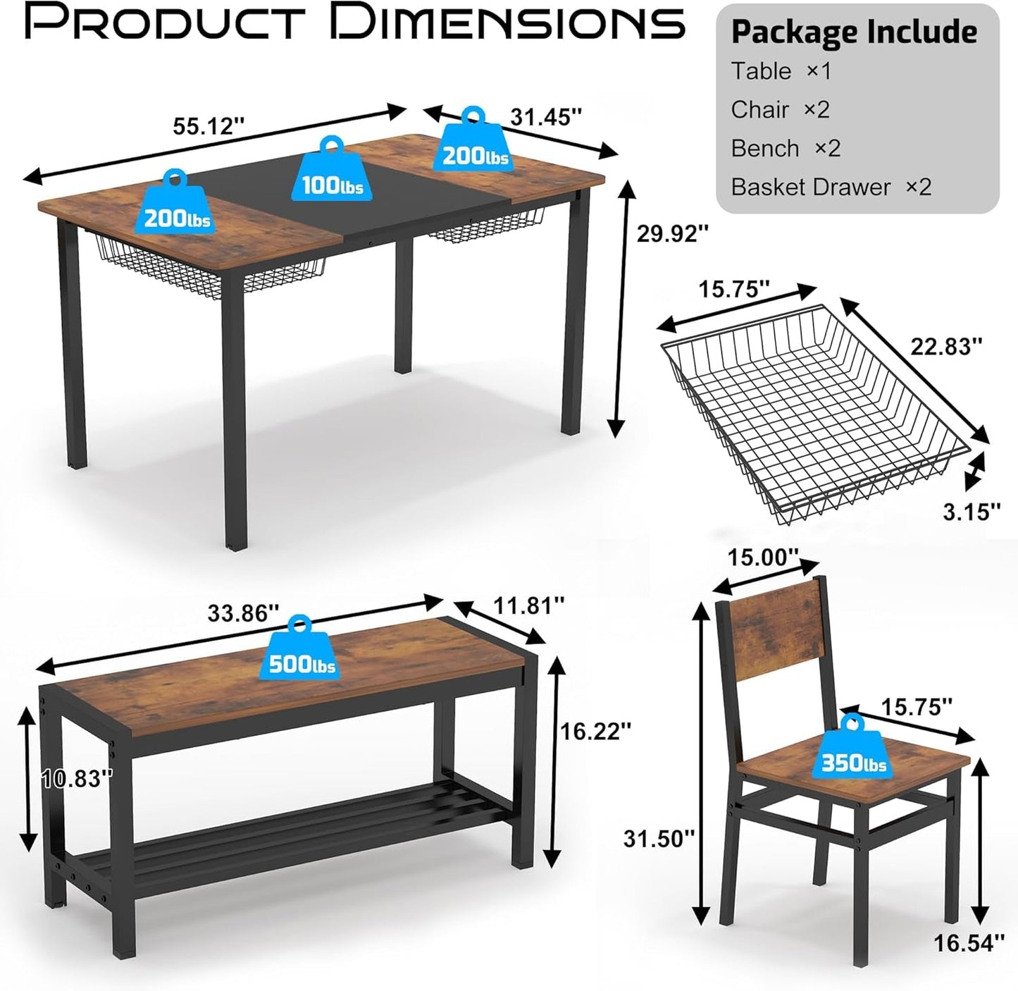 Rustic Brown Industrial Dining Table Set Storage Drawers