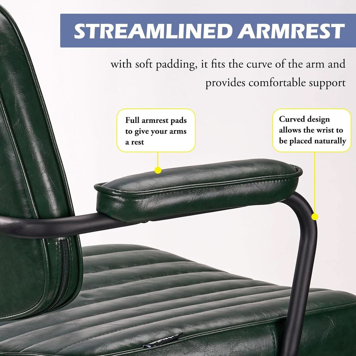 Green Leather Mid Century Office Chair With Wheels And Arms-4