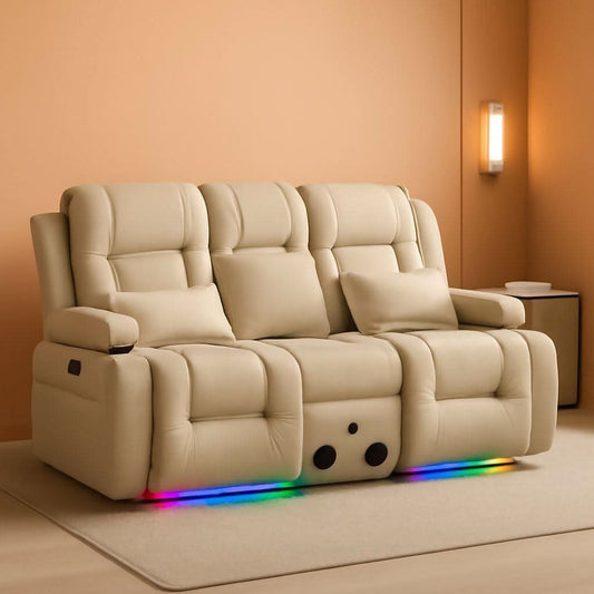 Beige Leatherette Power Reclining Loveseat With Massage