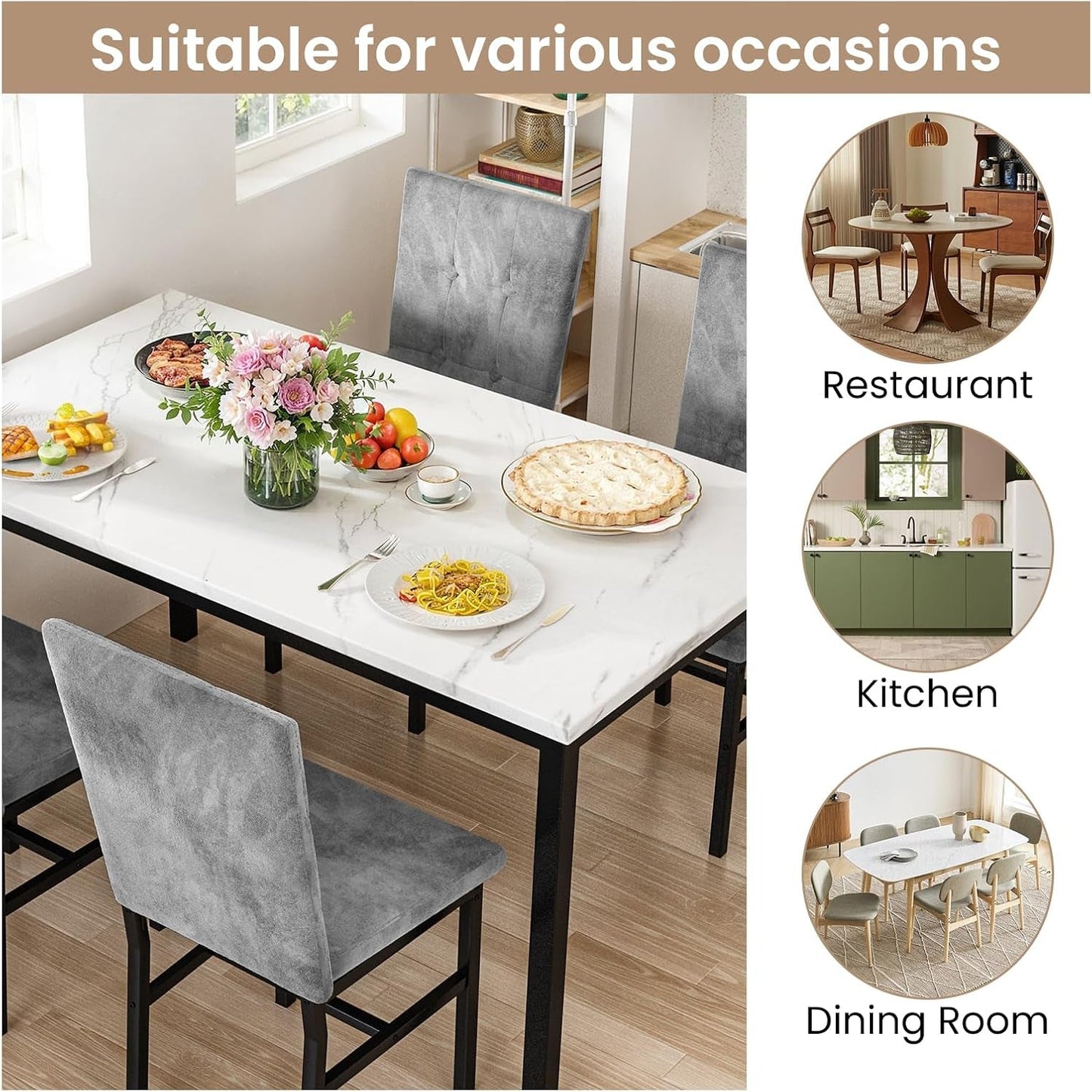 Five Piece Dining Set Marble Tops White Upholstered