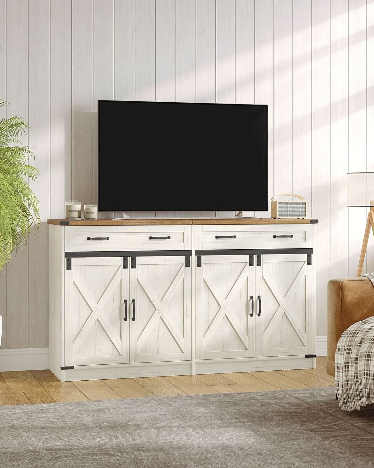 White Brown Farmhouse Buffet Cabinet Adjustable Shelves-3