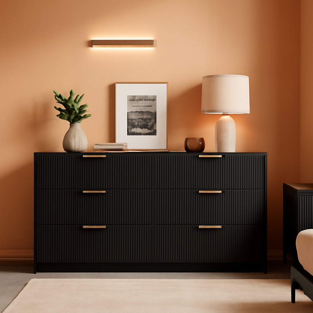 Multifunctional 59 Inches Wide Black Fluted Dresser