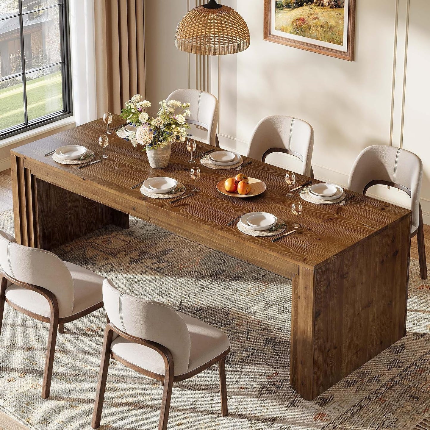 Solid Wood Farmhouse Rectangular Dining Table Walnut