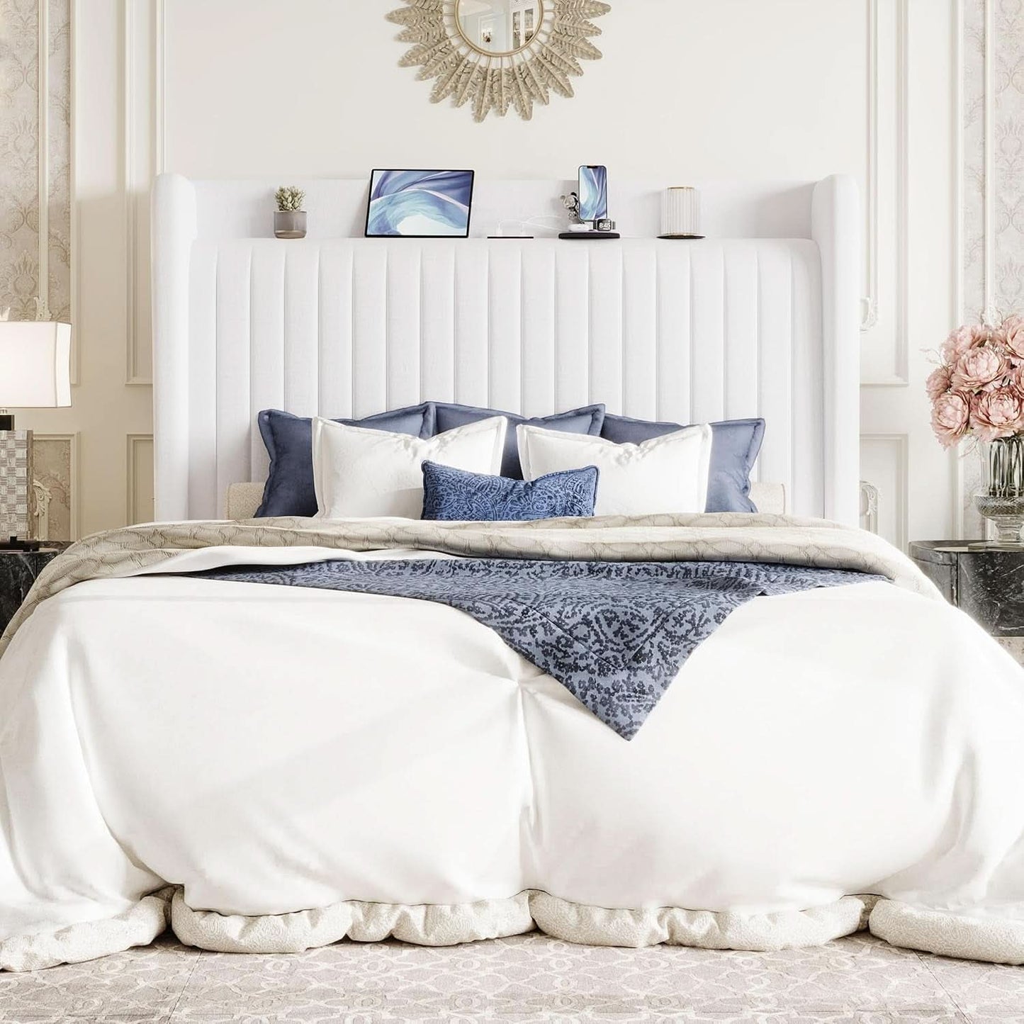 Queen Velvet Upholstered Bed Frame With USB Charging