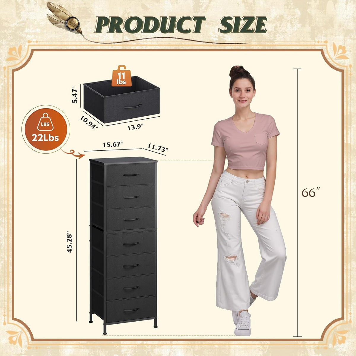 Black Extended Fabric Dresser Vertical Seven Drawers
