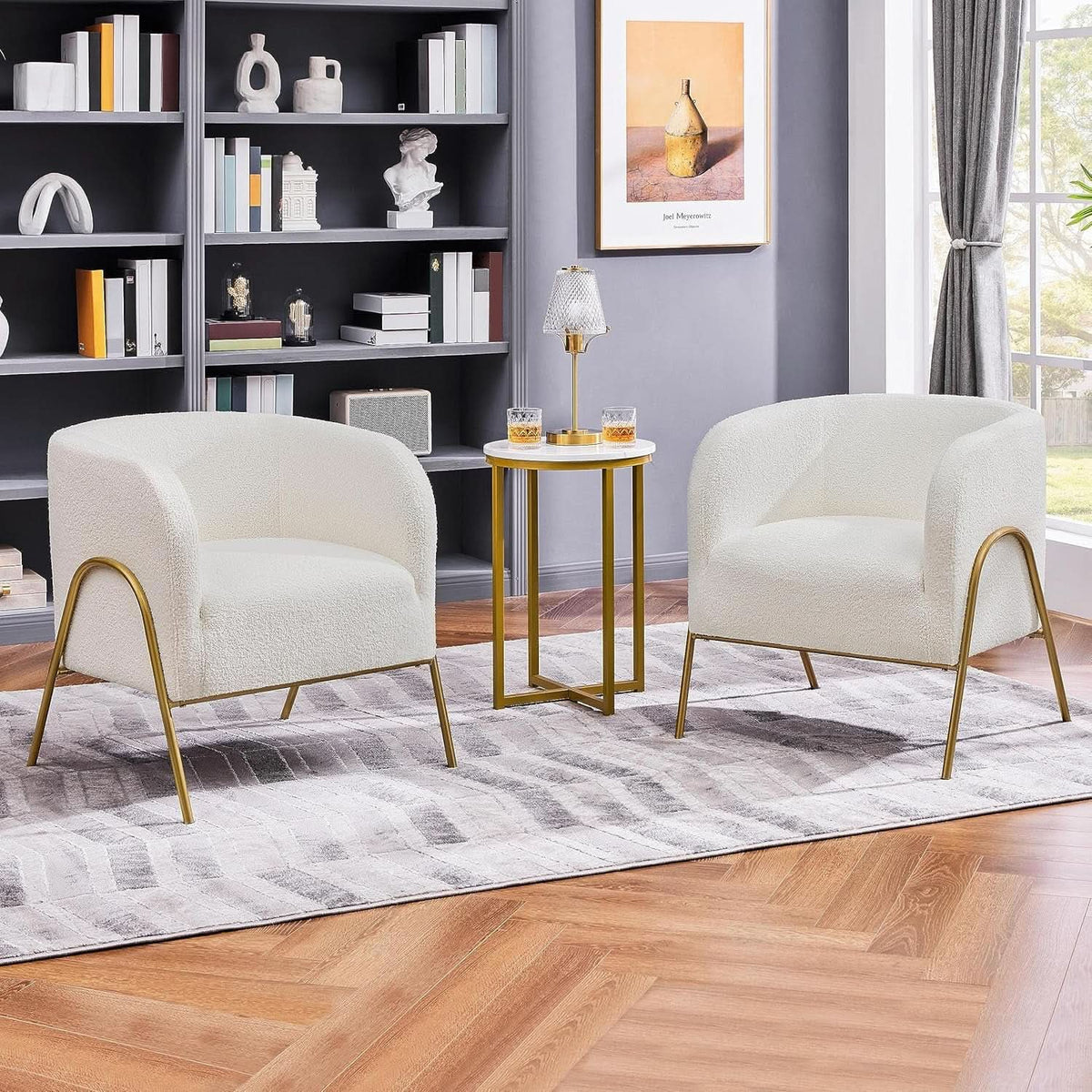Ivory Boucle Accent Chairs Set Of 2 With Gold Legs