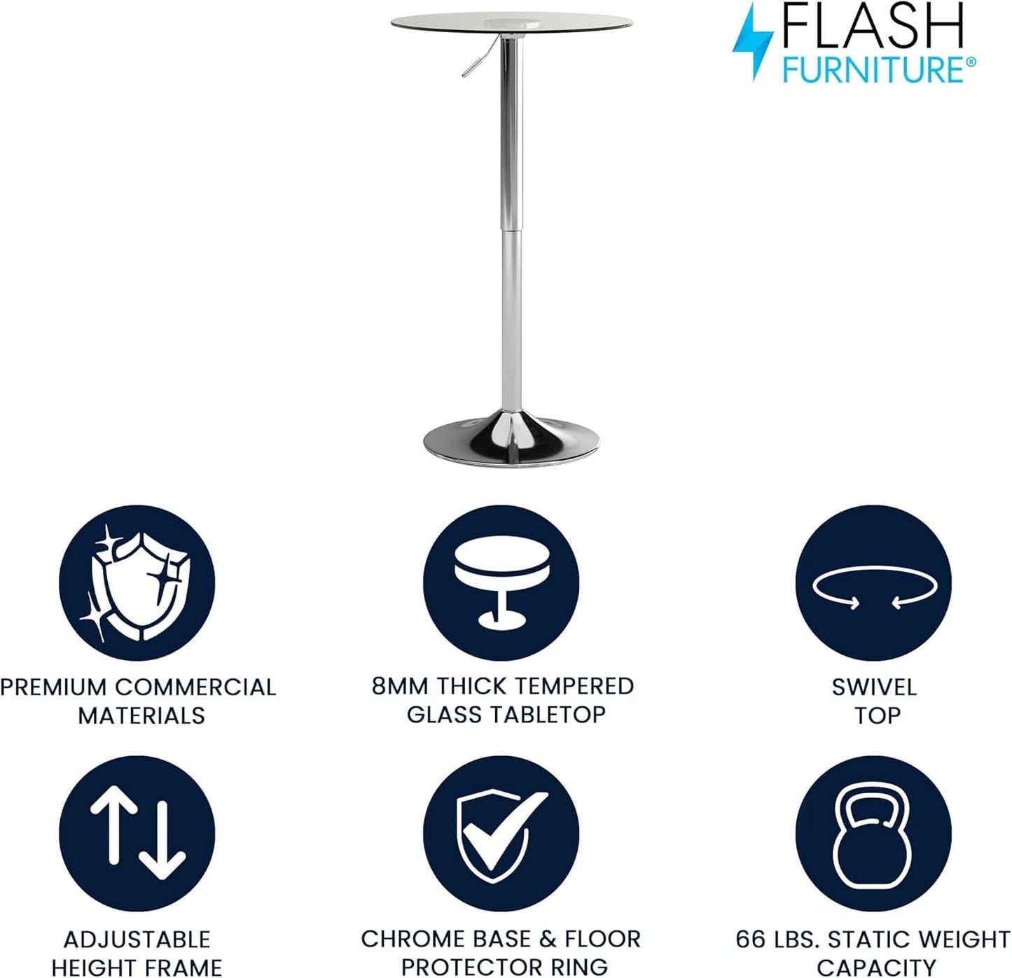 23.5 Inch Circular Glass Adjustable Cocktail Table