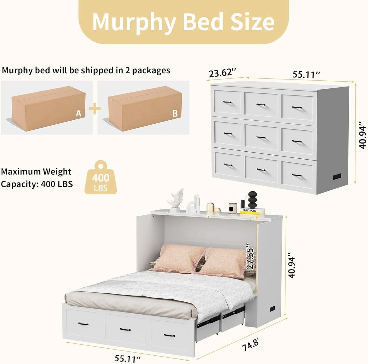 White Full Size Murphy Cabinet Bed With Integrated USB Charging
