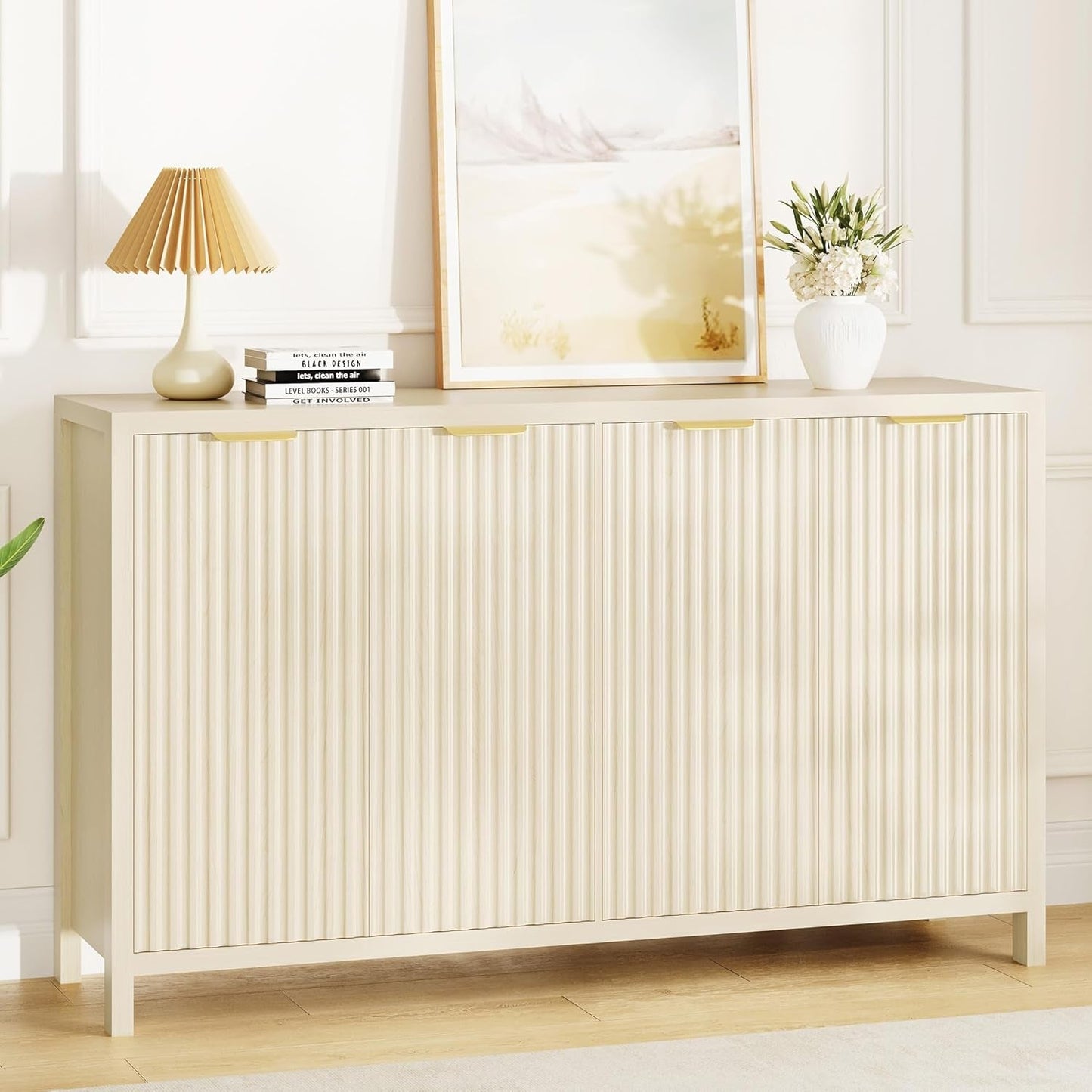 55 Inch Modern Fluted Buffet Cabinet With Four Doors