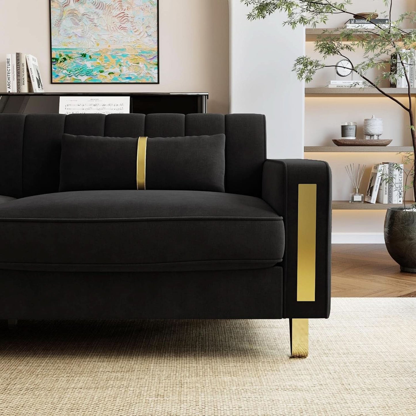 86-Inch Black Velvet Loveseat With Gold Metal Legs For Living Room-2
