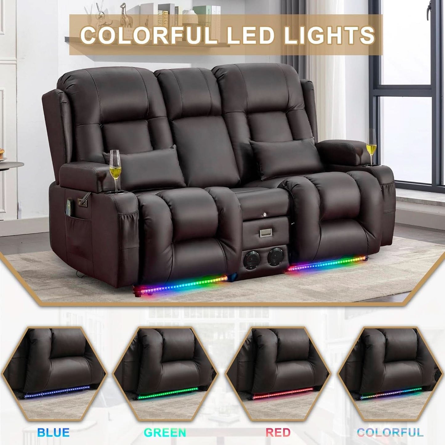 Dark Brown Power Reclining Loveseat Heated Massage