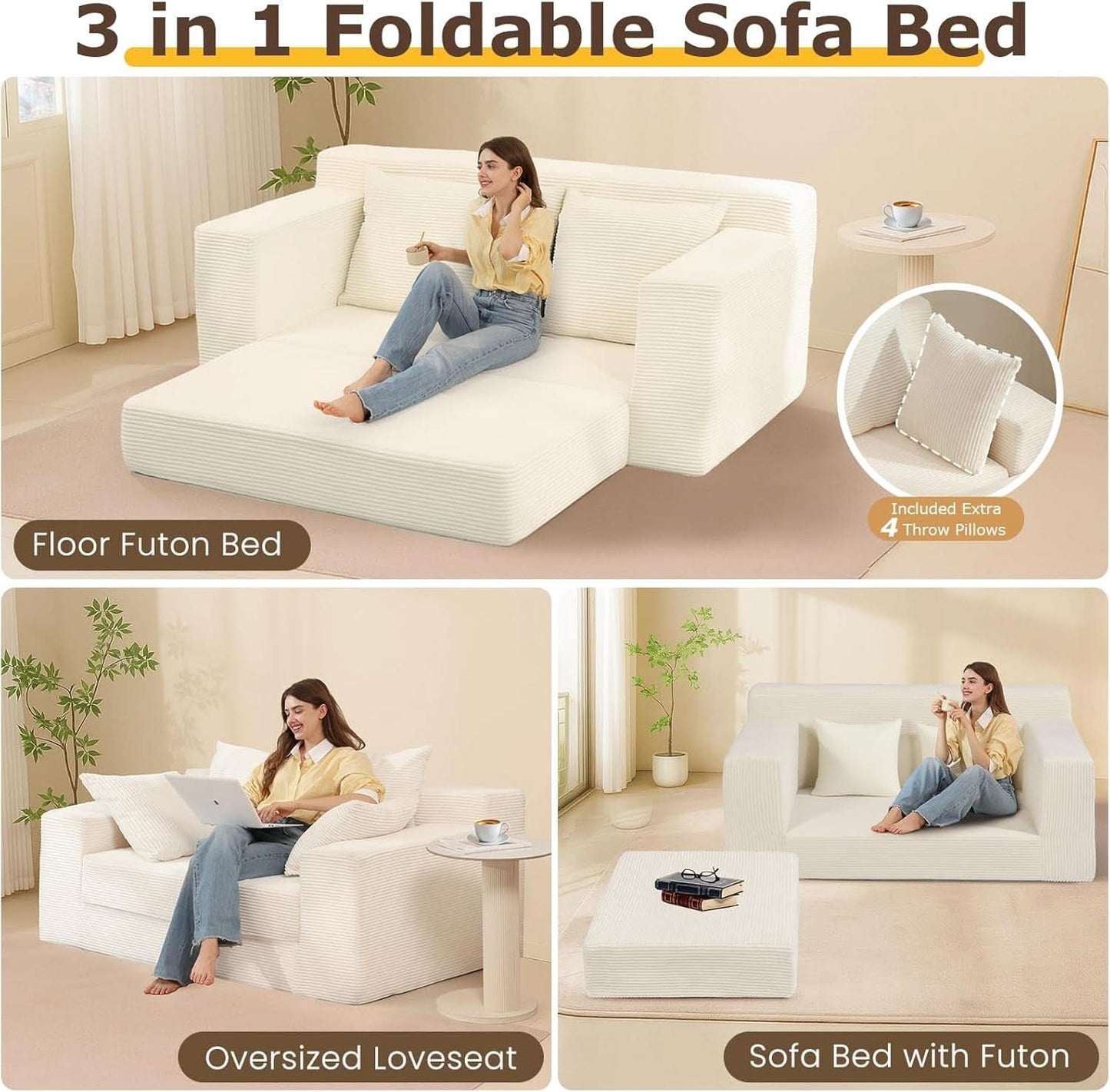 Corduroy Convertible Sofa Bed Three In One BeigeTone Sleeper