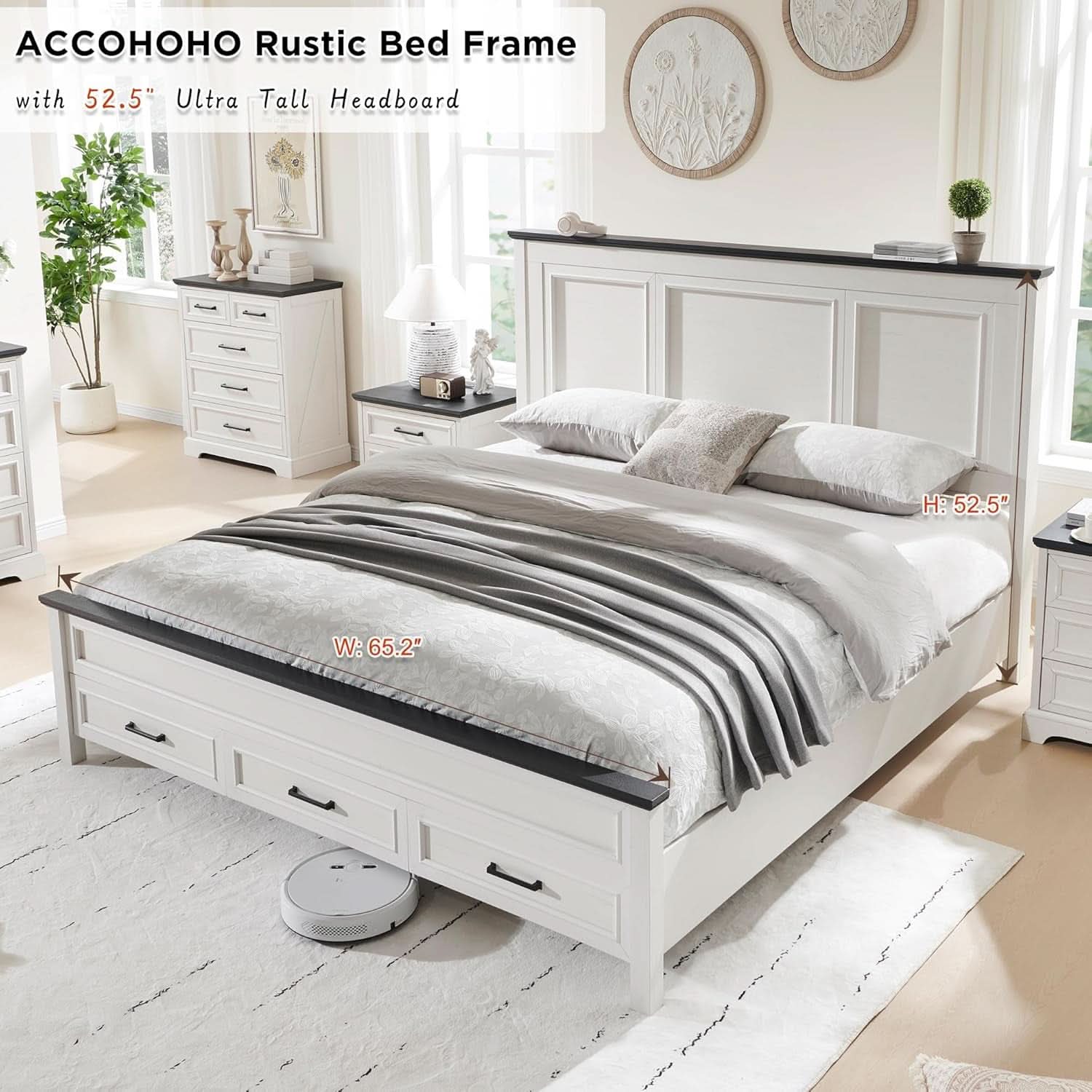 Queen Size Bed Frame Antique White Finish Storage Drawers-2