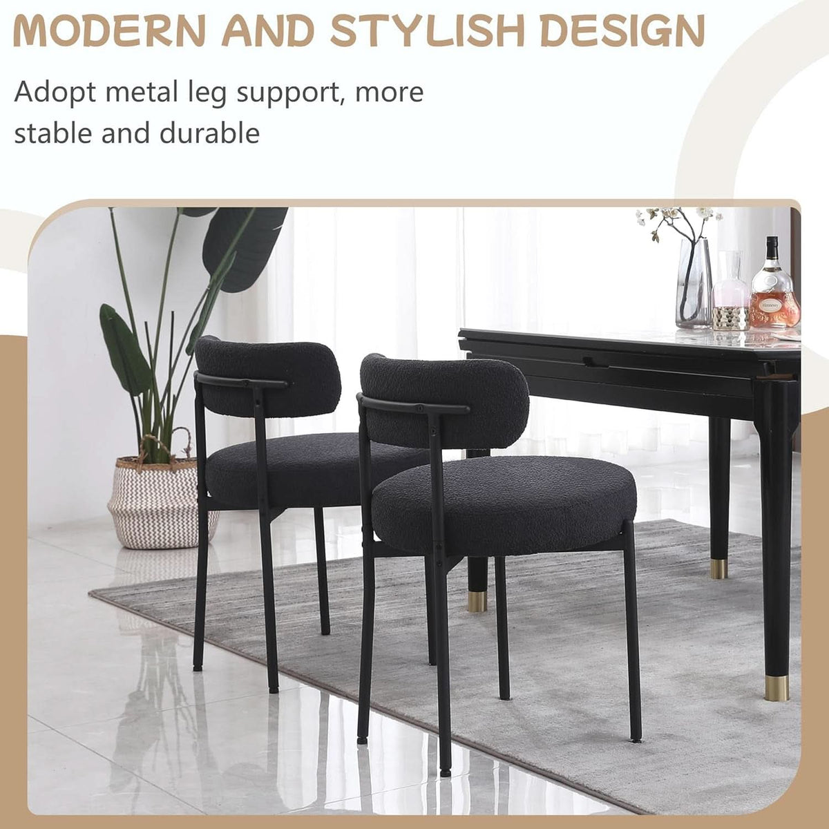 Black Boucle Upholstered Dining Chairs CurvedBack Set