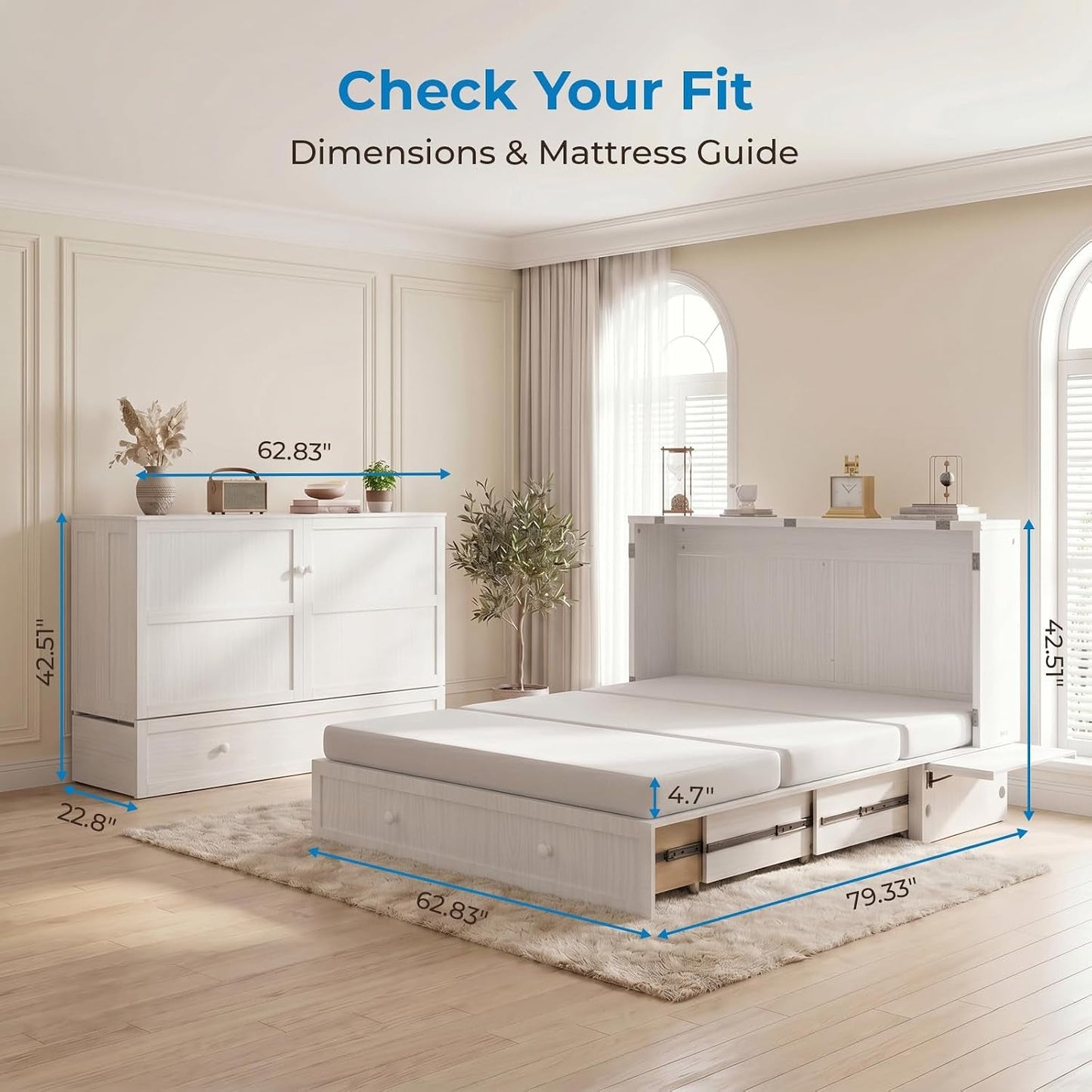White Queen Murphy Bed Cabinet With USB Charging Module