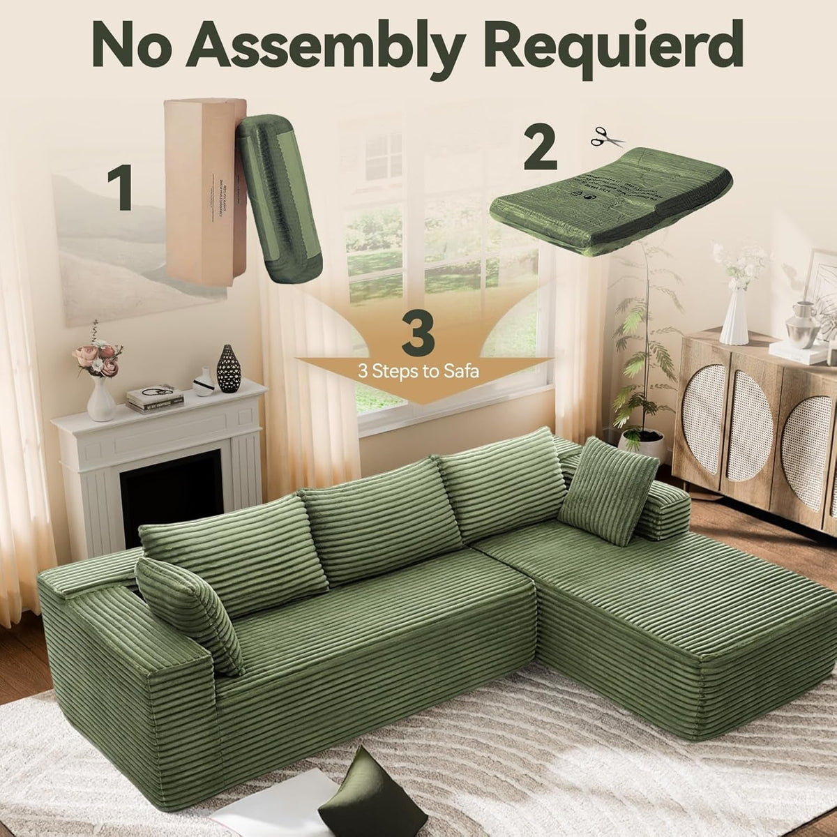 106 Inch Emerald Corduroy Luxurious Sectional Sofa