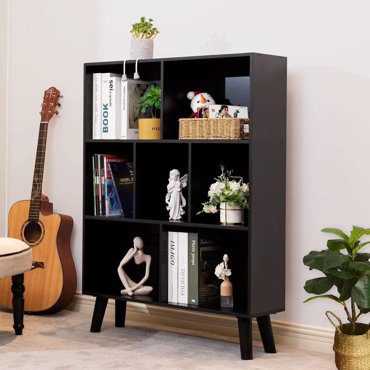 Black Freestanding Wooden Bookcase With Ample Storage